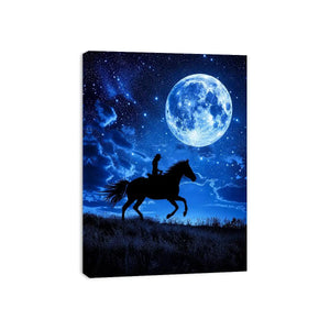 Moonlit horse rider canvas art with starry night sky for dramatic bedroom decor.
