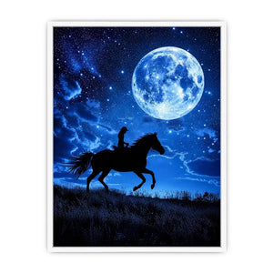 Moonlit horse rider canvas art with starry night sky for dramatic bedroom decor.