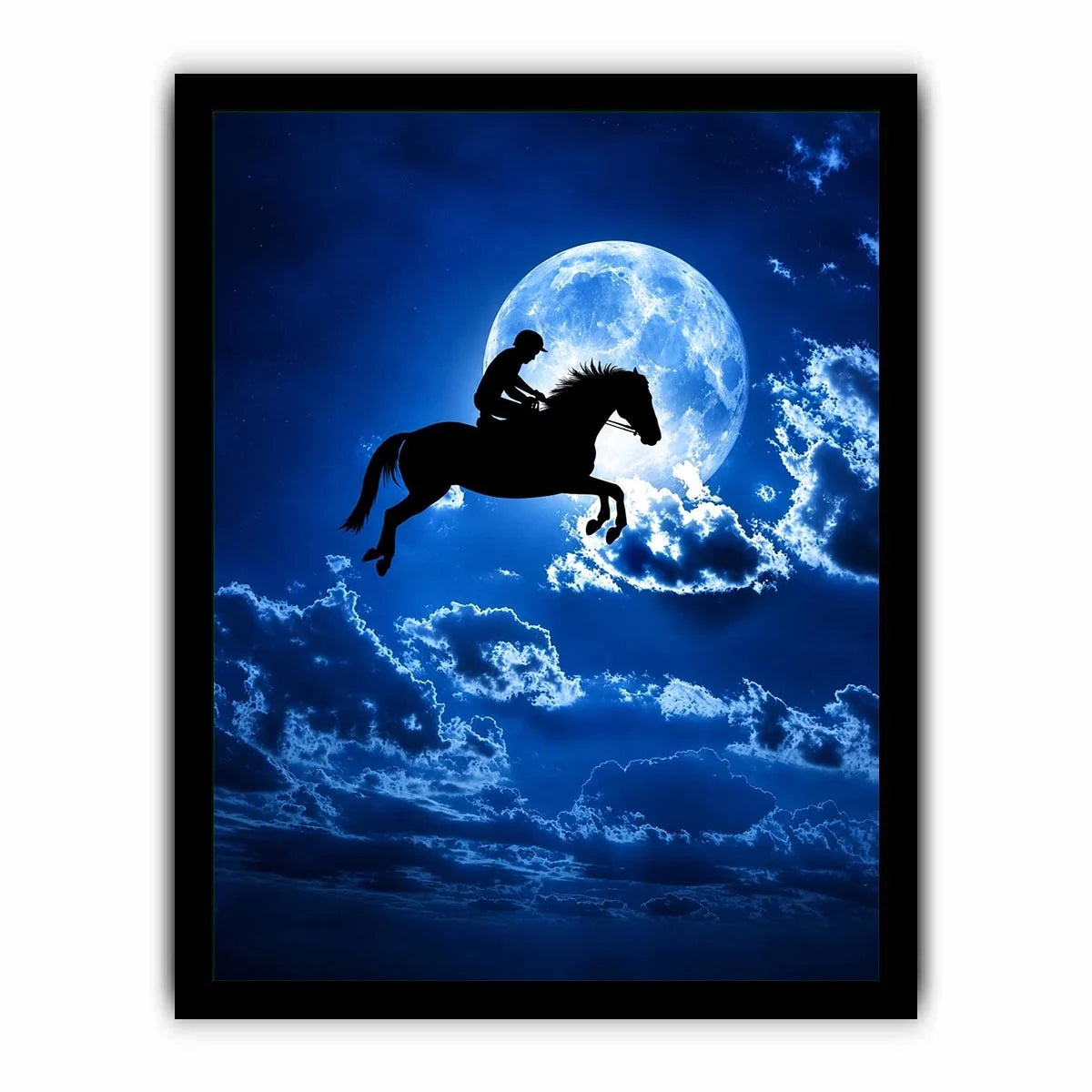 Dreamy moonlit horse silhouette canvas art for modern bedroom and luxury wall decor.