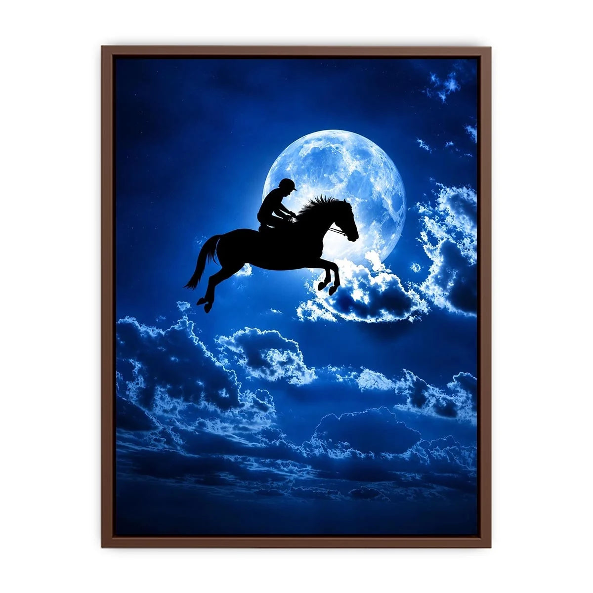 Dreamy moonlit horse silhouette canvas art for modern bedroom and luxury wall decor.