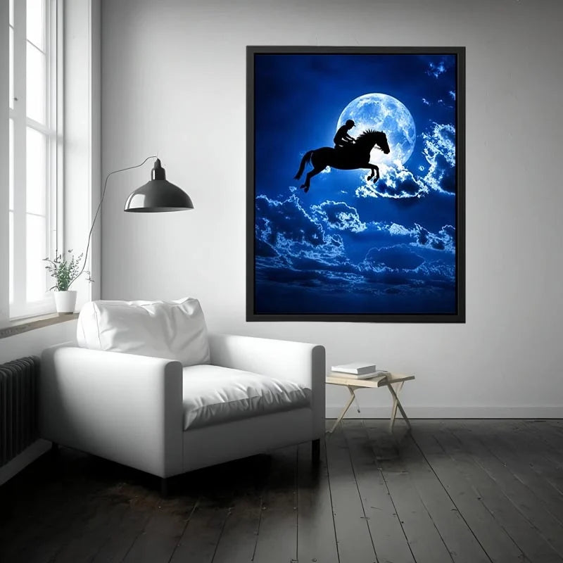 Dreamy moonlit horse silhouette canvas art for modern bedroom and luxury wall decor.