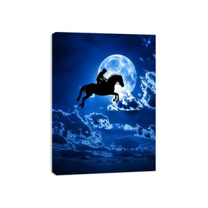 Dreamy moonlit horse silhouette canvas art for modern bedroom and luxury wall decor.