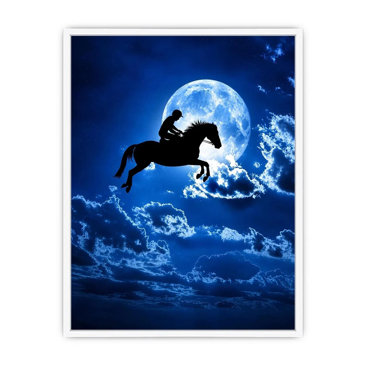 Dreamy moonlit horse silhouette canvas art for modern bedroom and luxury wall decor.