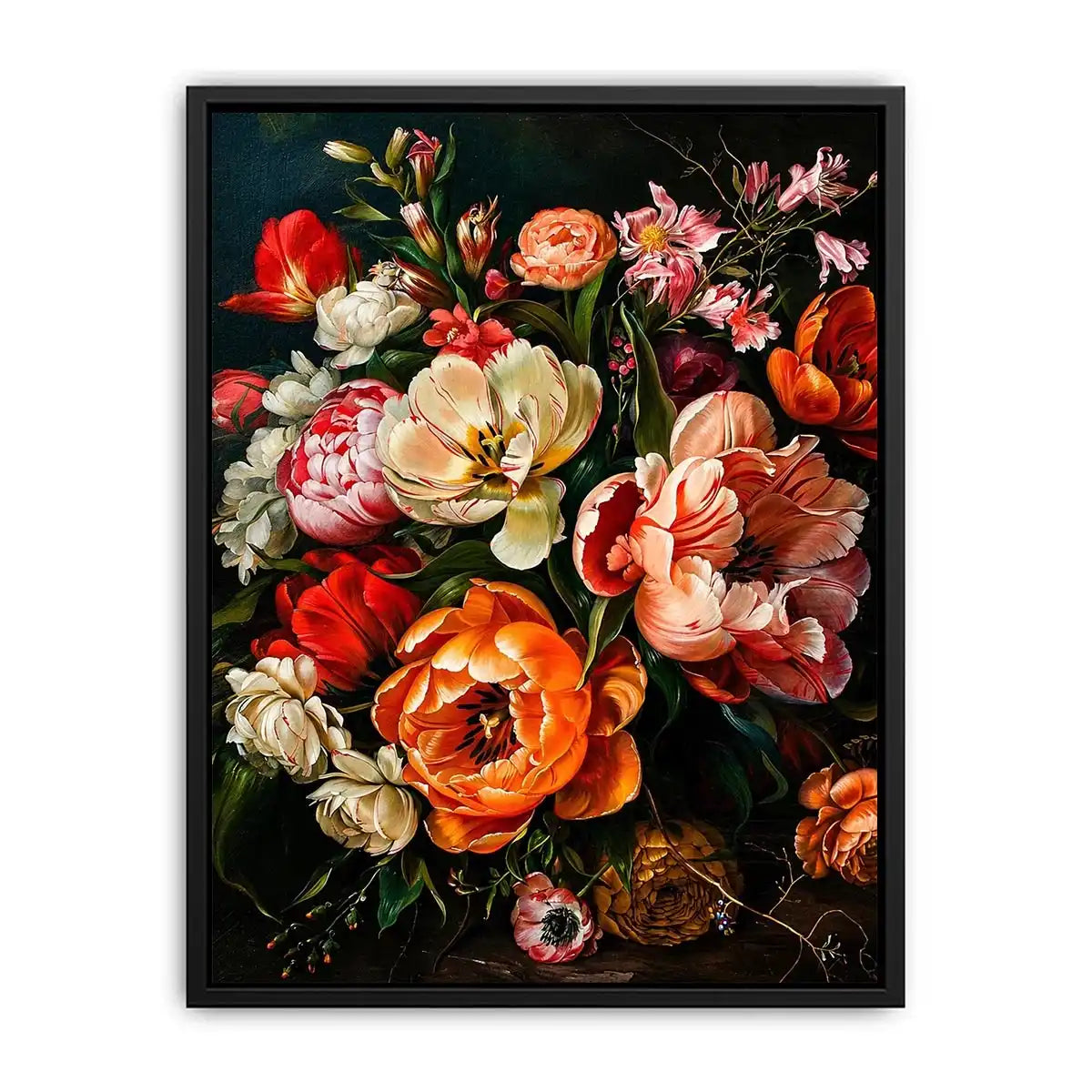 Luxury dark floral canvas art with dramatic tulips and rich botanical tones for elegant interiors.
