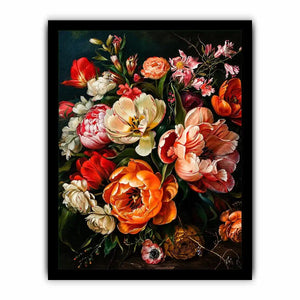 Luxury dark floral canvas art with dramatic tulips and rich botanical tones for elegant interiors.