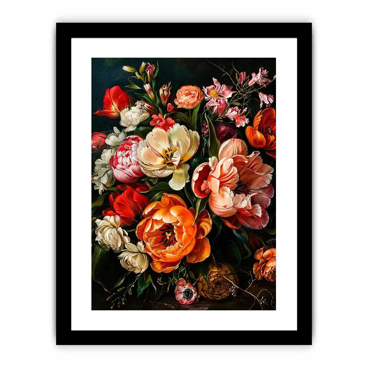 Luxury dark floral canvas art with dramatic tulips and rich botanical tones for elegant interiors.