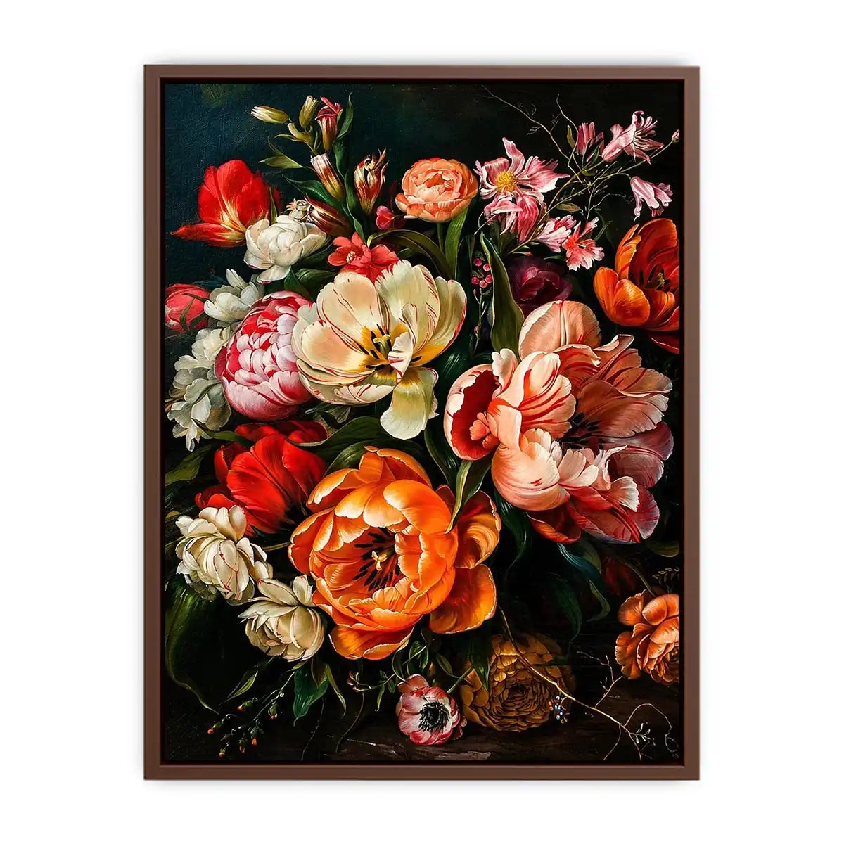 Luxury dark floral canvas art with dramatic tulips and rich botanical tones for elegant interiors.