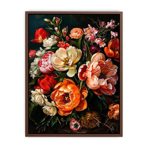Luxury dark floral canvas art with dramatic tulips and rich botanical tones for elegant interiors.