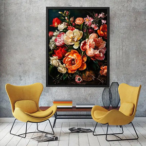 Luxury dark floral canvas art with dramatic tulips and rich botanical tones for elegant interiors.