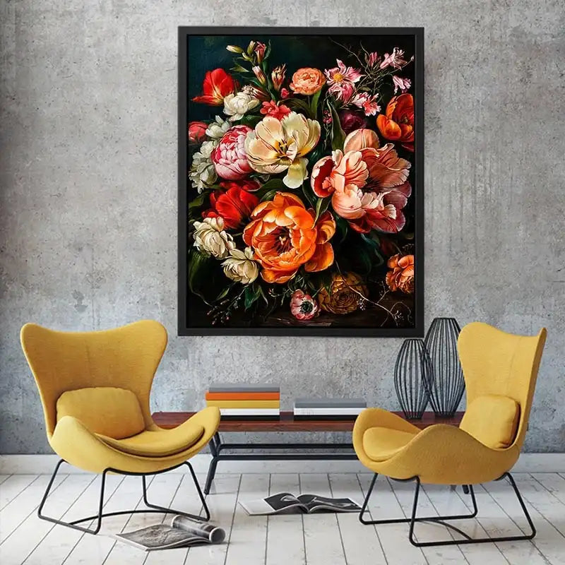 Luxury dark floral canvas art with dramatic tulips and rich botanical tones for elegant interiors.