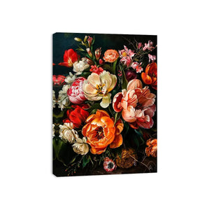 Luxury dark floral canvas art with dramatic tulips and rich botanical tones for elegant interiors.