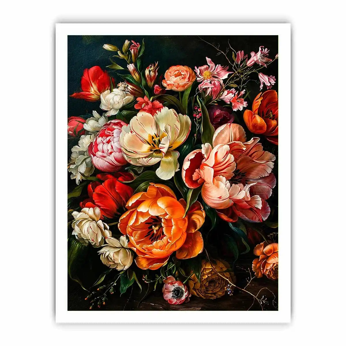 Luxury dark floral canvas art with dramatic tulips and rich botanical tones for elegant interiors.