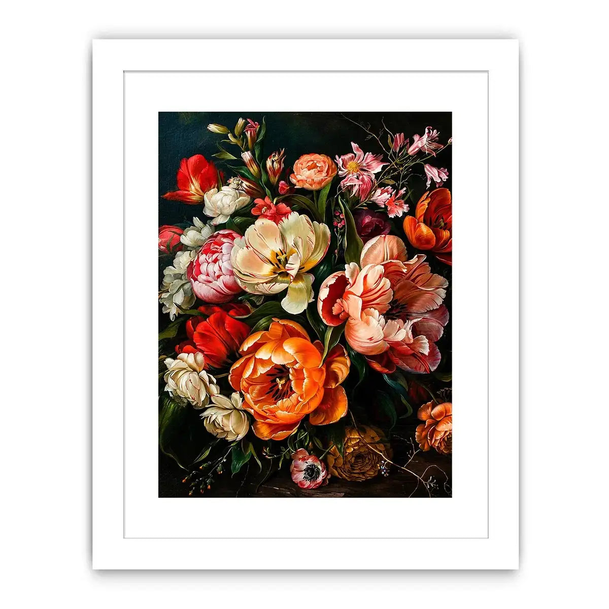 Luxury dark floral canvas art with dramatic tulips and rich botanical tones for elegant interiors.