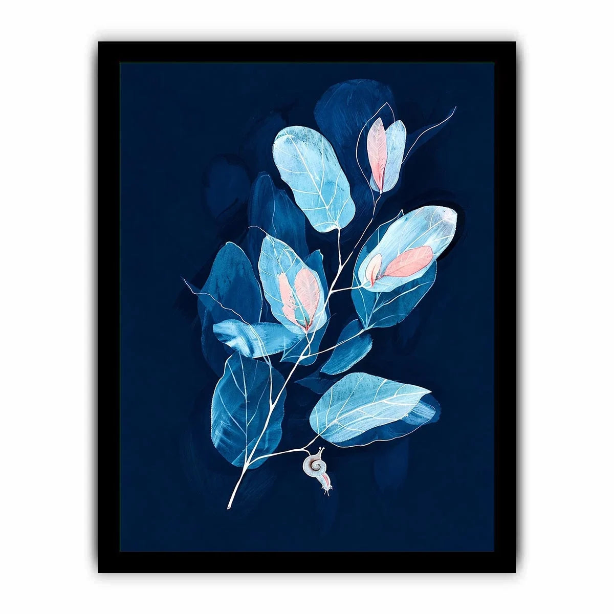 Minimal blue botanical wall art with delicate leaves for modern bedroom and office decor.