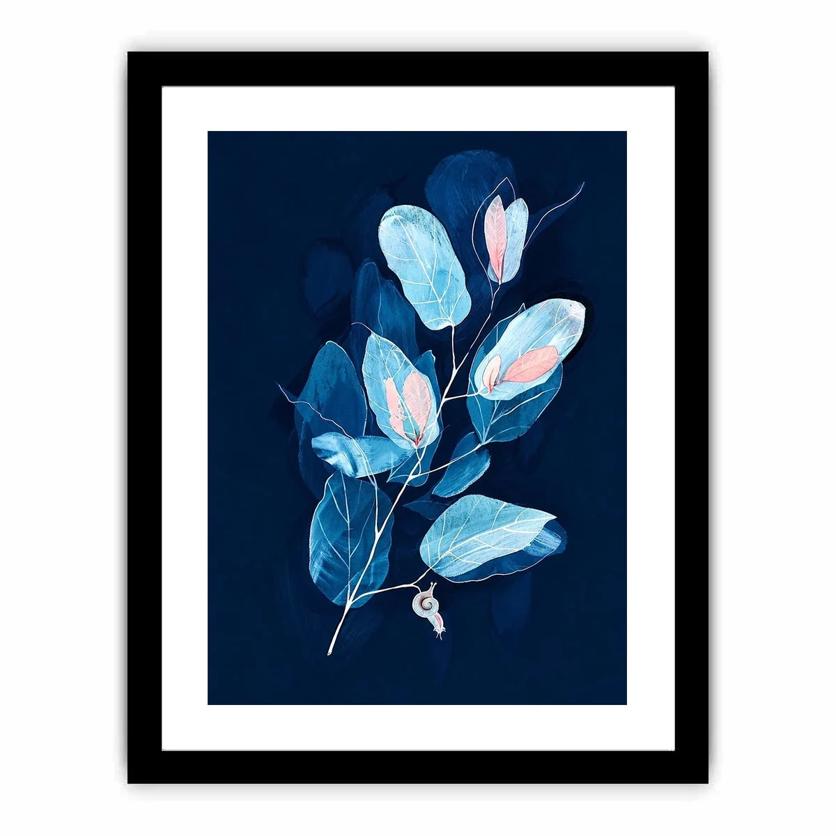 Minimal blue botanical wall art with delicate leaves for modern bedroom and office decor.