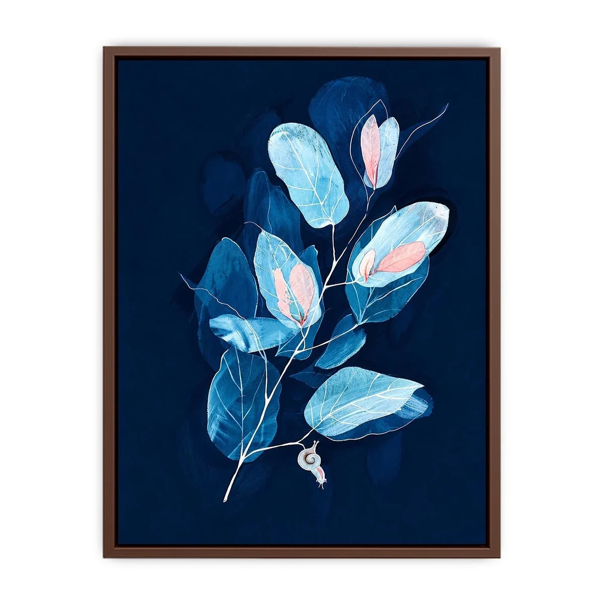 Minimal blue botanical wall art with delicate leaves for modern bedroom and office decor.