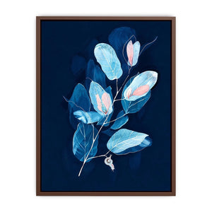 Minimal blue botanical wall art with delicate leaves for modern bedroom and office decor.