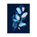 Minimal blue botanical wall art with delicate leaves for modern bedroom and office decor.