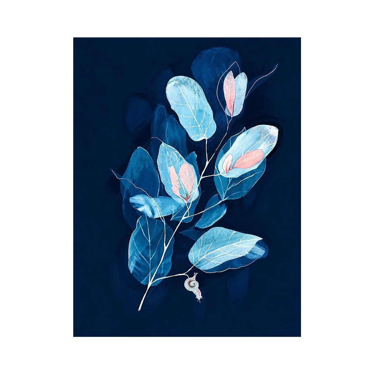 Minimal blue botanical wall art with delicate leaves for modern bedroom and office decor.
