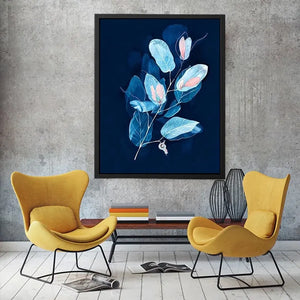 Minimal blue botanical wall art with delicate leaves for modern bedroom and office decor.