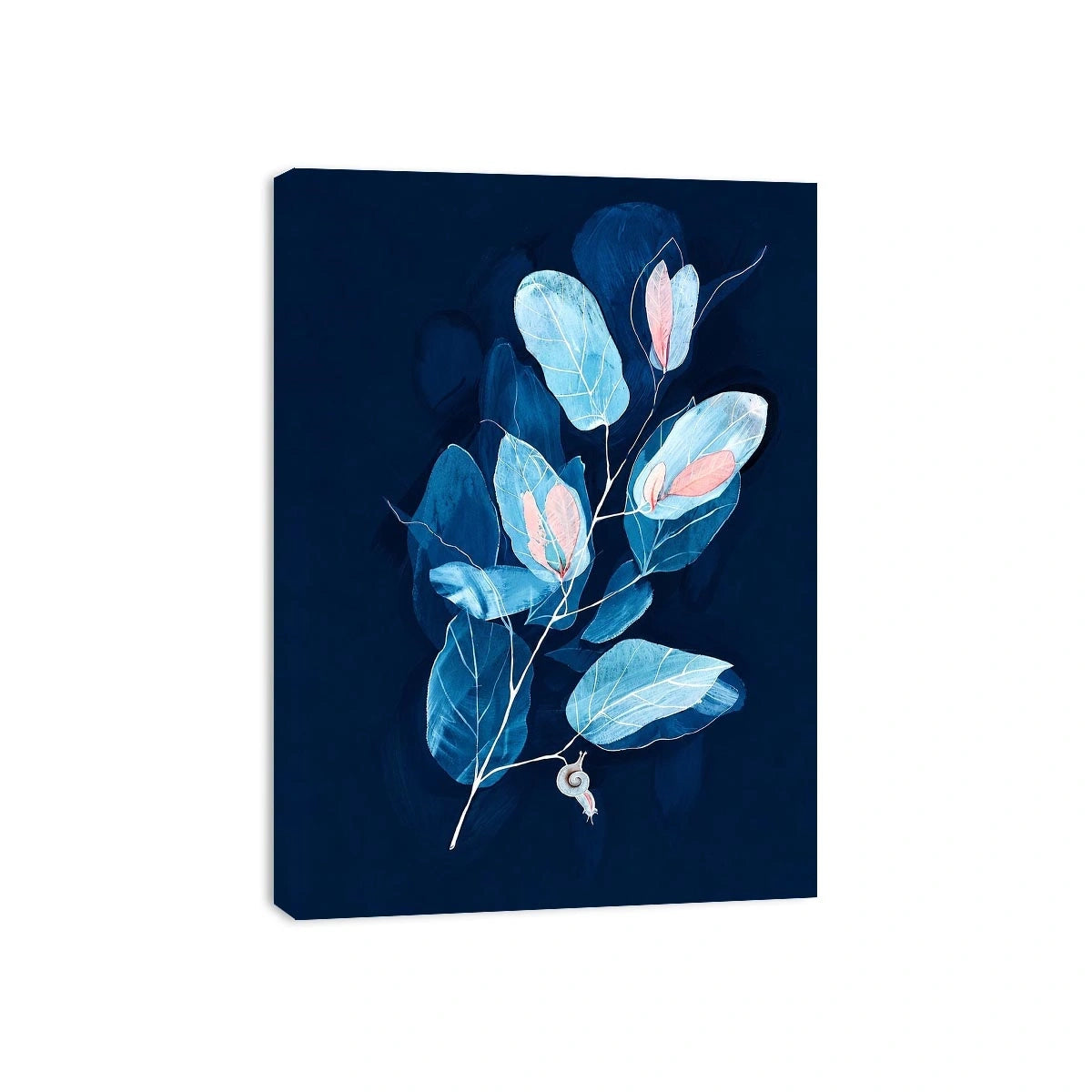 Minimal blue botanical wall art with delicate leaves for modern bedroom and office decor.