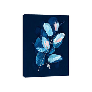 Minimal blue botanical wall art with delicate leaves for modern bedroom and office decor.