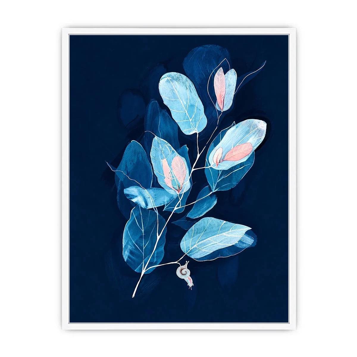Minimal blue botanical wall art with delicate leaves for modern bedroom and office decor.