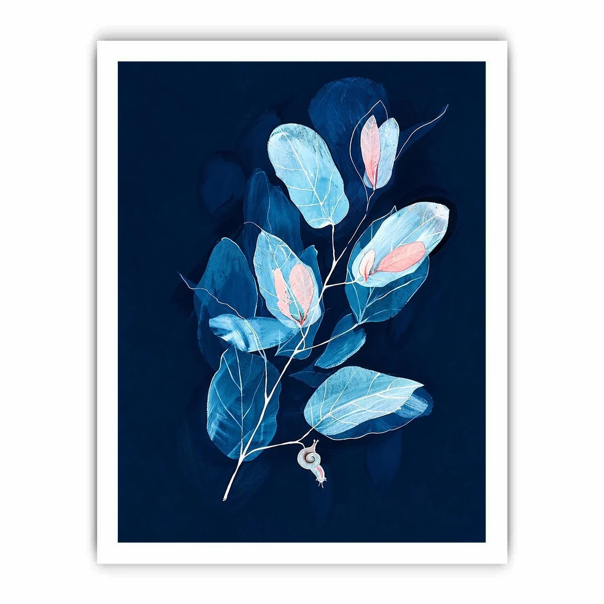 Minimal blue botanical wall art with delicate leaves for modern bedroom and office decor.