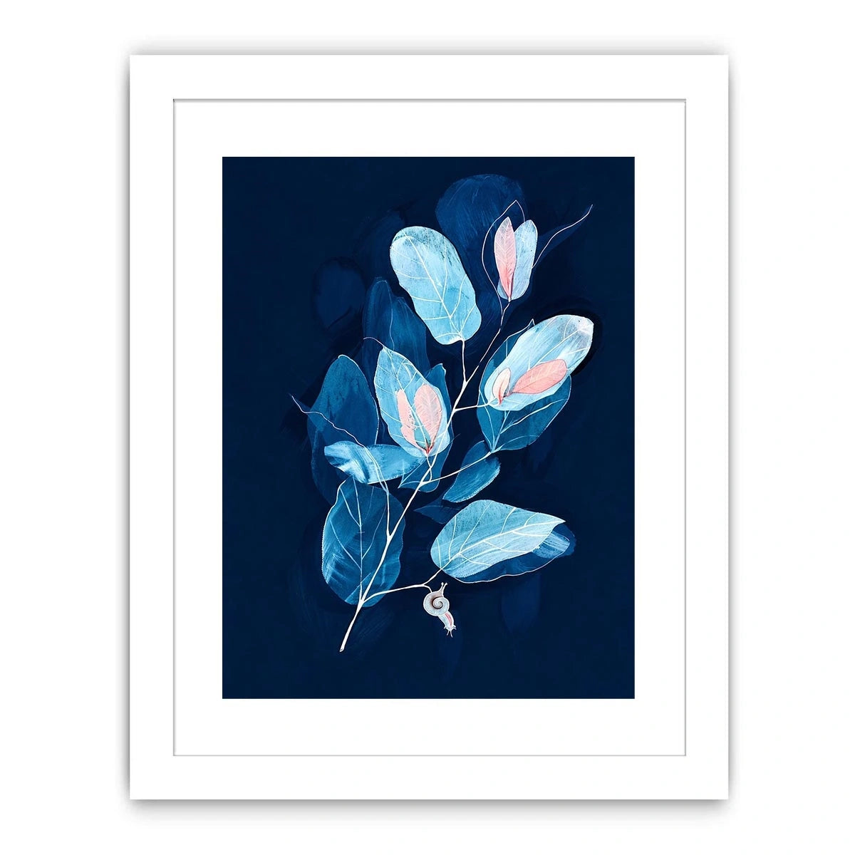 Minimal blue botanical wall art with delicate leaves for modern bedroom and office decor.