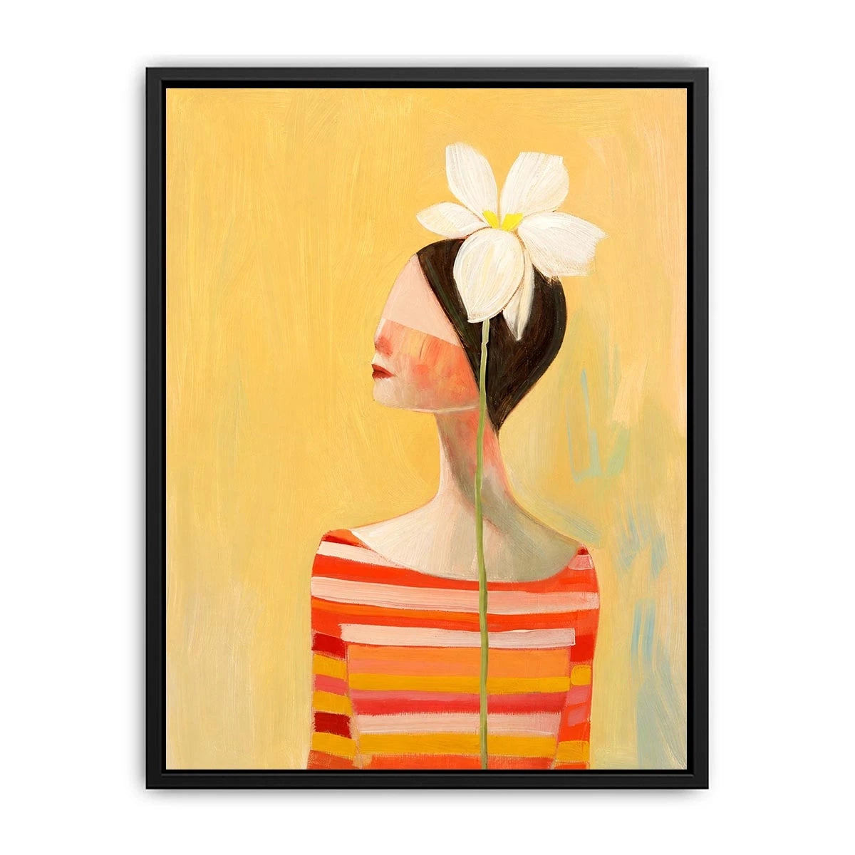 Minimal woman portrait canvas art with white flower and warm modern tones for bedroom decor.