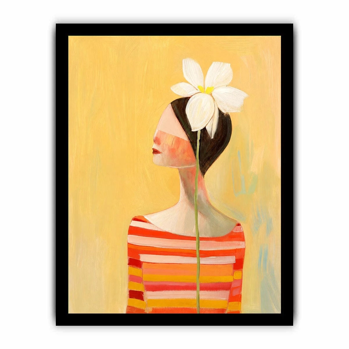 Minimal woman portrait canvas art with white flower and warm modern tones for bedroom decor.