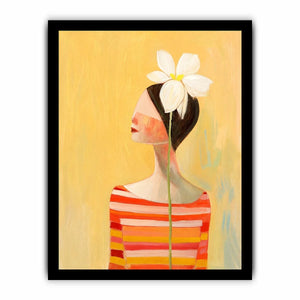 Minimal woman portrait canvas art with white flower and warm modern tones for bedroom decor.