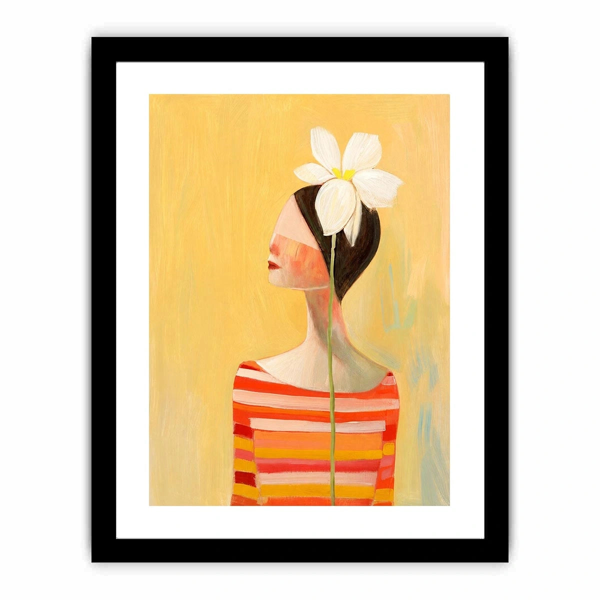 Minimal woman portrait canvas art with white flower and warm modern tones for bedroom decor.