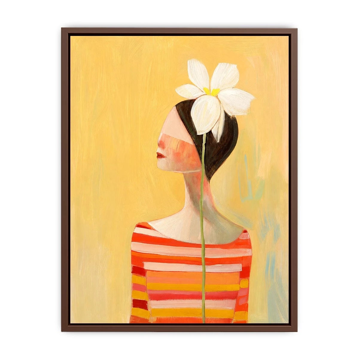 Minimal woman portrait canvas art with white flower and warm modern tones for bedroom decor.