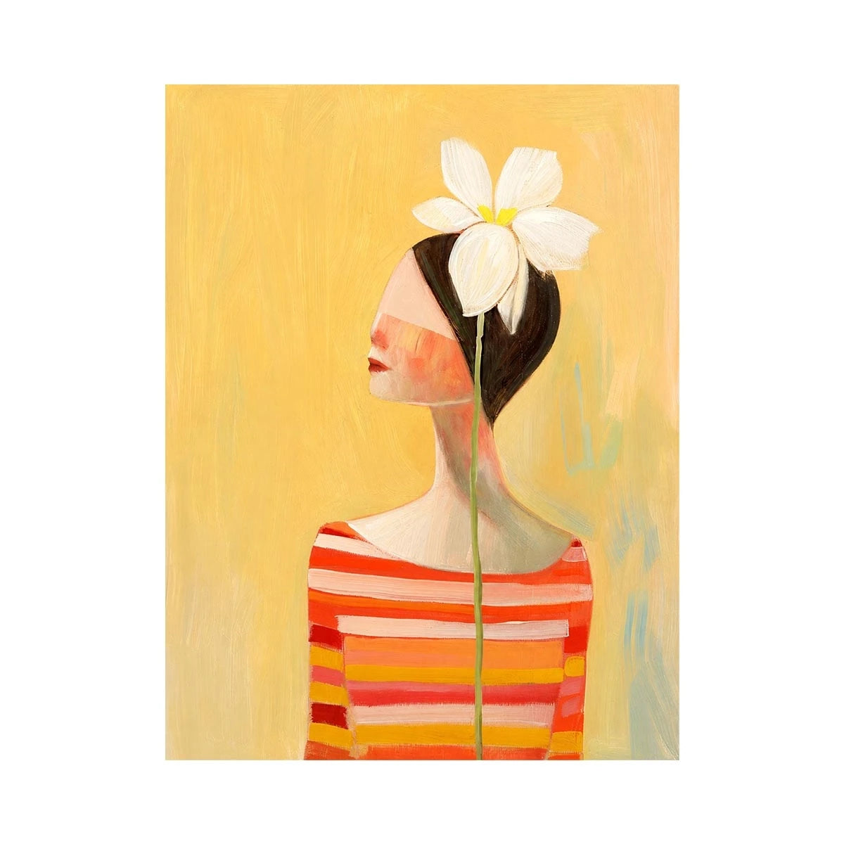 Minimal woman portrait canvas art with white flower and warm modern tones for bedroom decor.