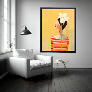 Minimal woman portrait canvas art with white flower and warm modern tones for bedroom decor.