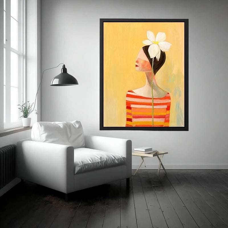 Minimal woman portrait canvas art with white flower and warm modern tones for bedroom decor.