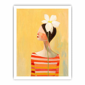 Minimal woman portrait canvas art with white flower and warm modern tones for bedroom decor.