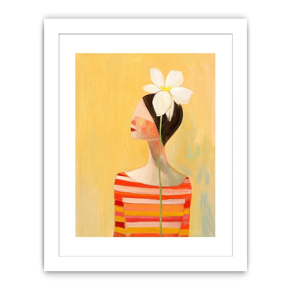 Minimal woman portrait canvas art with white flower and warm modern tones for bedroom decor.