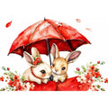 Cute bunny watercolor canvas art with red umbrella and flowers for nursery and kids room decor.