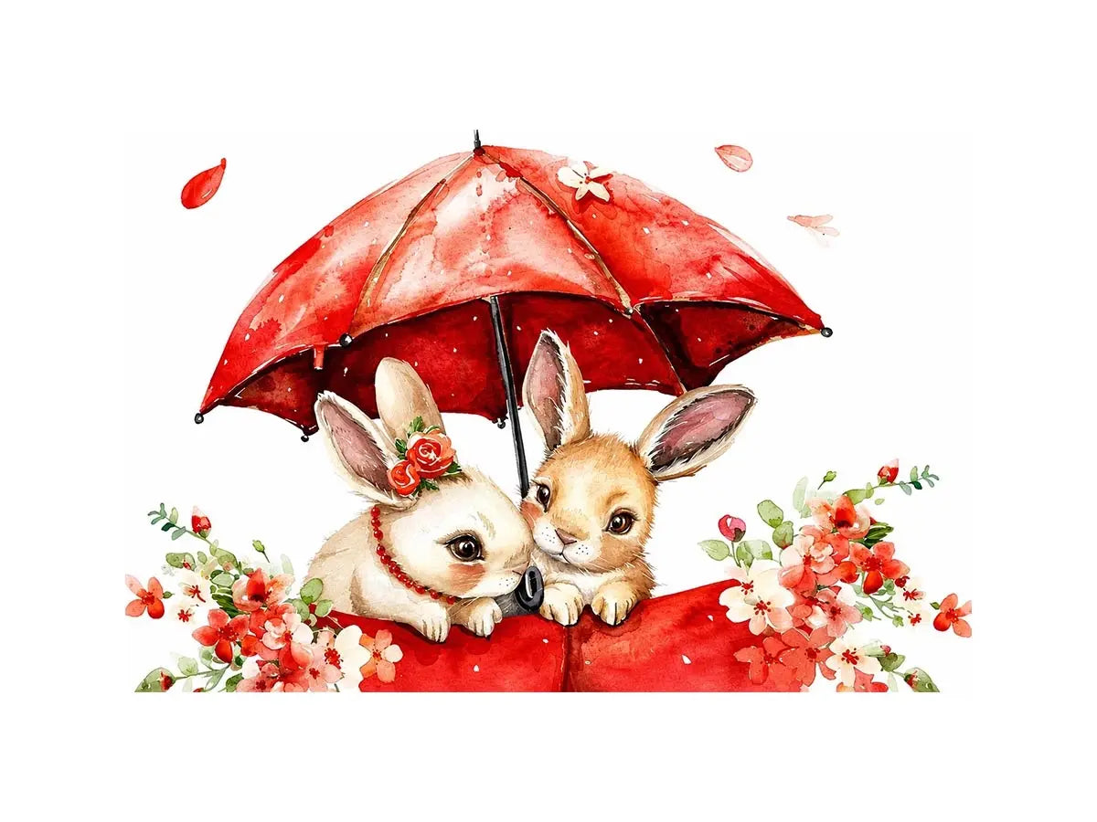 Cute bunny watercolor canvas art with red umbrella and flowers for nursery and kids room decor.