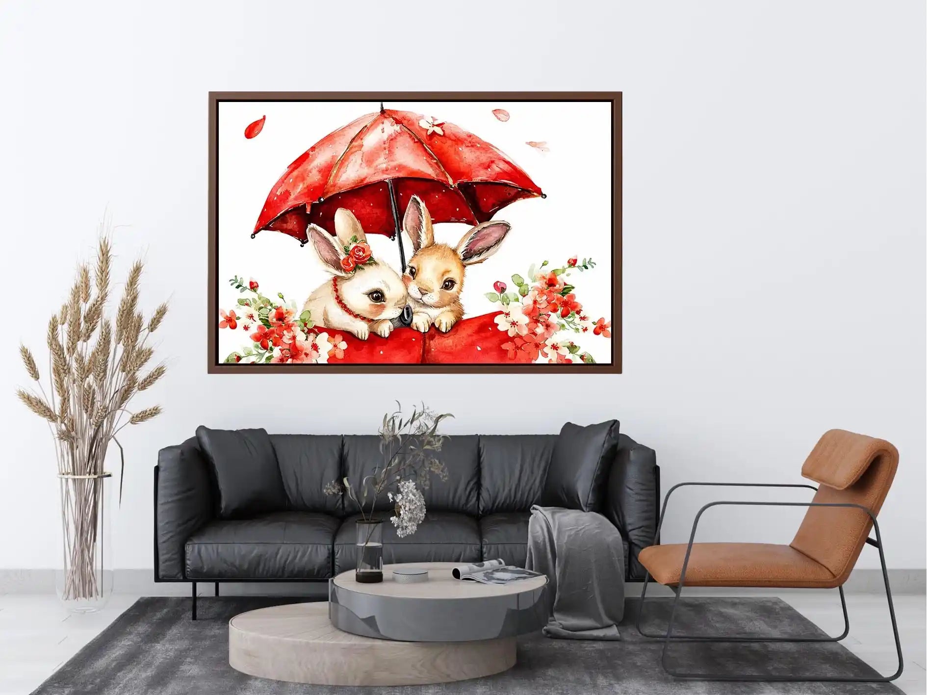 Cute bunny watercolor canvas art with red umbrella and flowers for nursery and kids room decor.