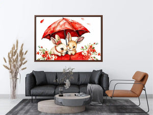 Cute bunny watercolor canvas art with red umbrella and flowers for nursery and kids room decor.