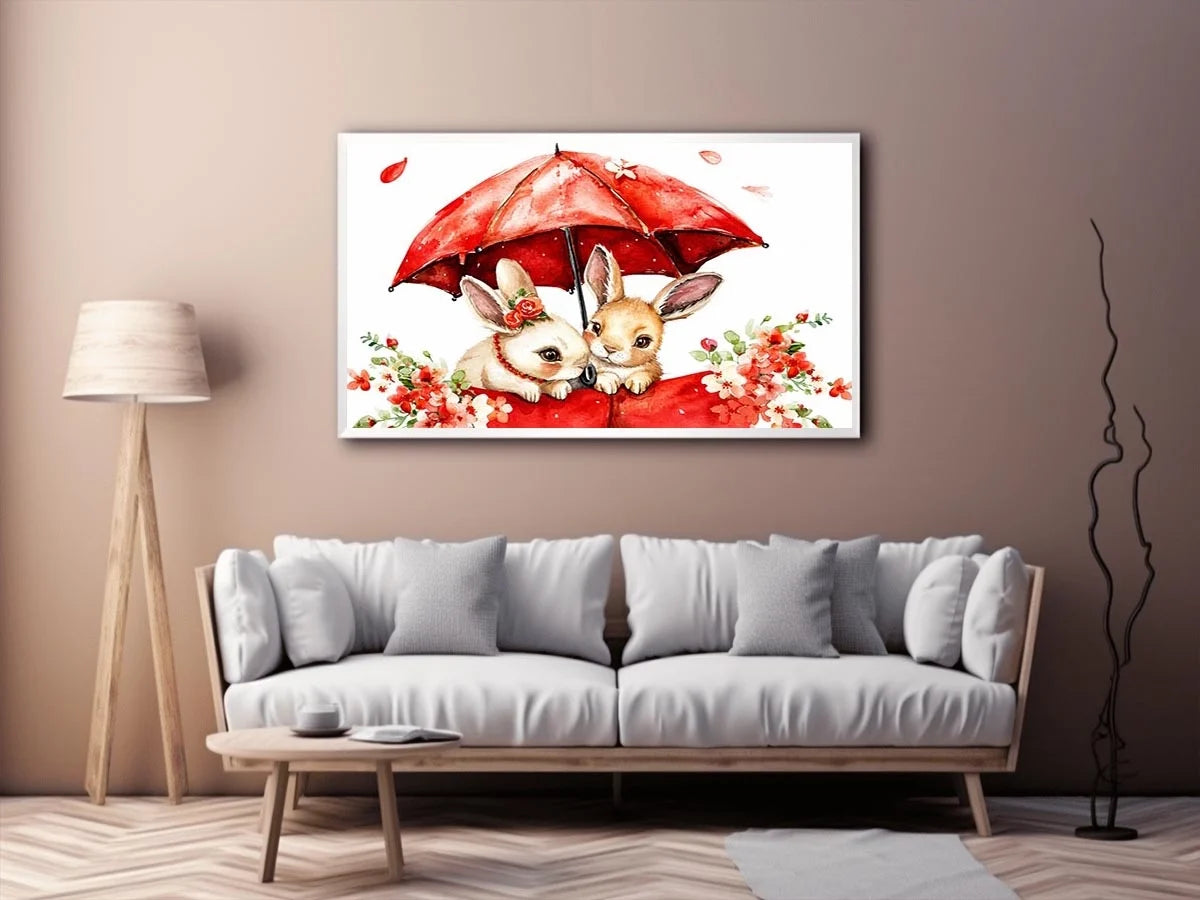 Cute bunny watercolor canvas art with red umbrella and flowers for nursery and kids room decor.