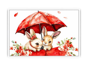 Cute bunny watercolor canvas art with red umbrella and flowers for nursery and kids room decor.