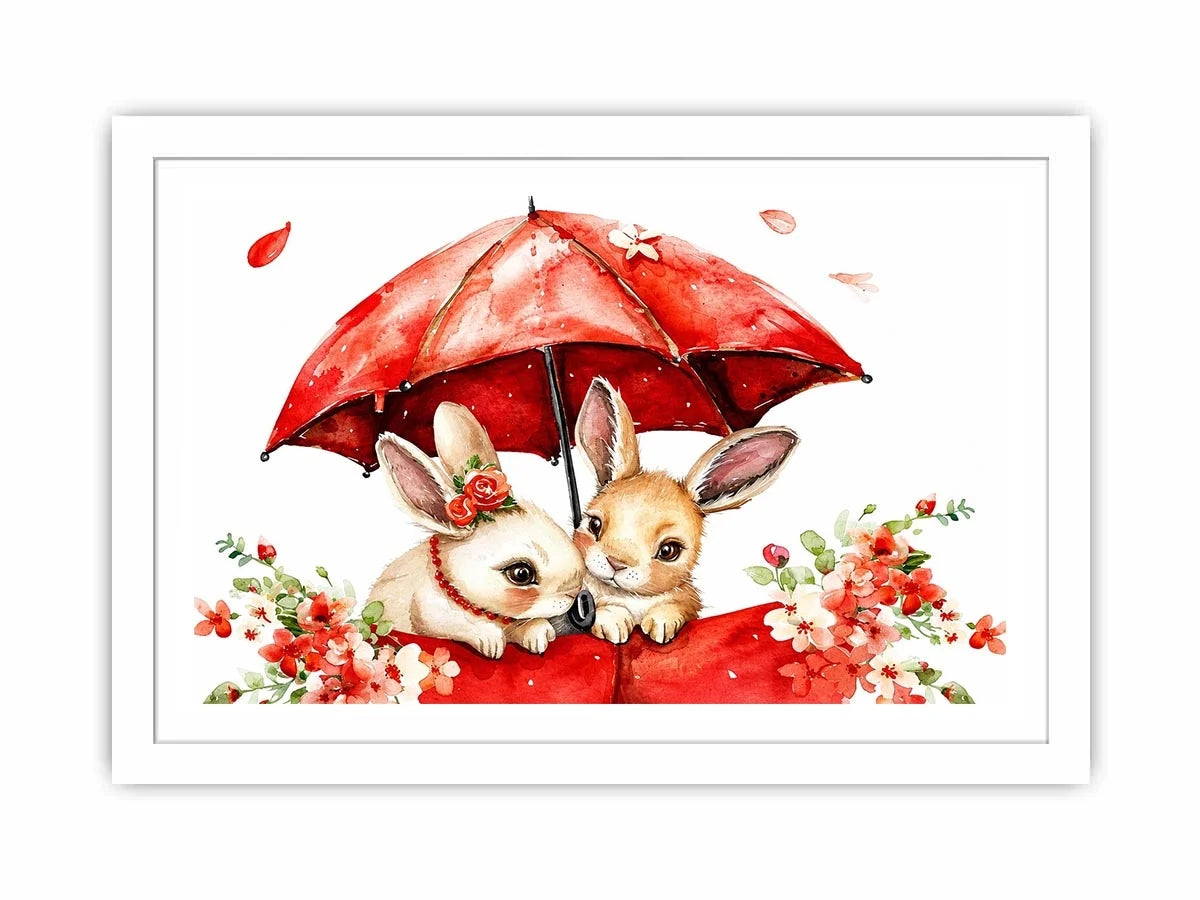 Cute bunny watercolor canvas art with red umbrella and flowers for nursery and kids room decor.