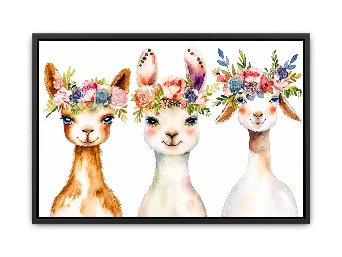 Watercolor llama floral canvas art for nursery and modern kids room decor.
