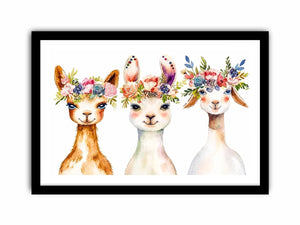 Watercolor llama floral canvas art for nursery and modern kids room decor.