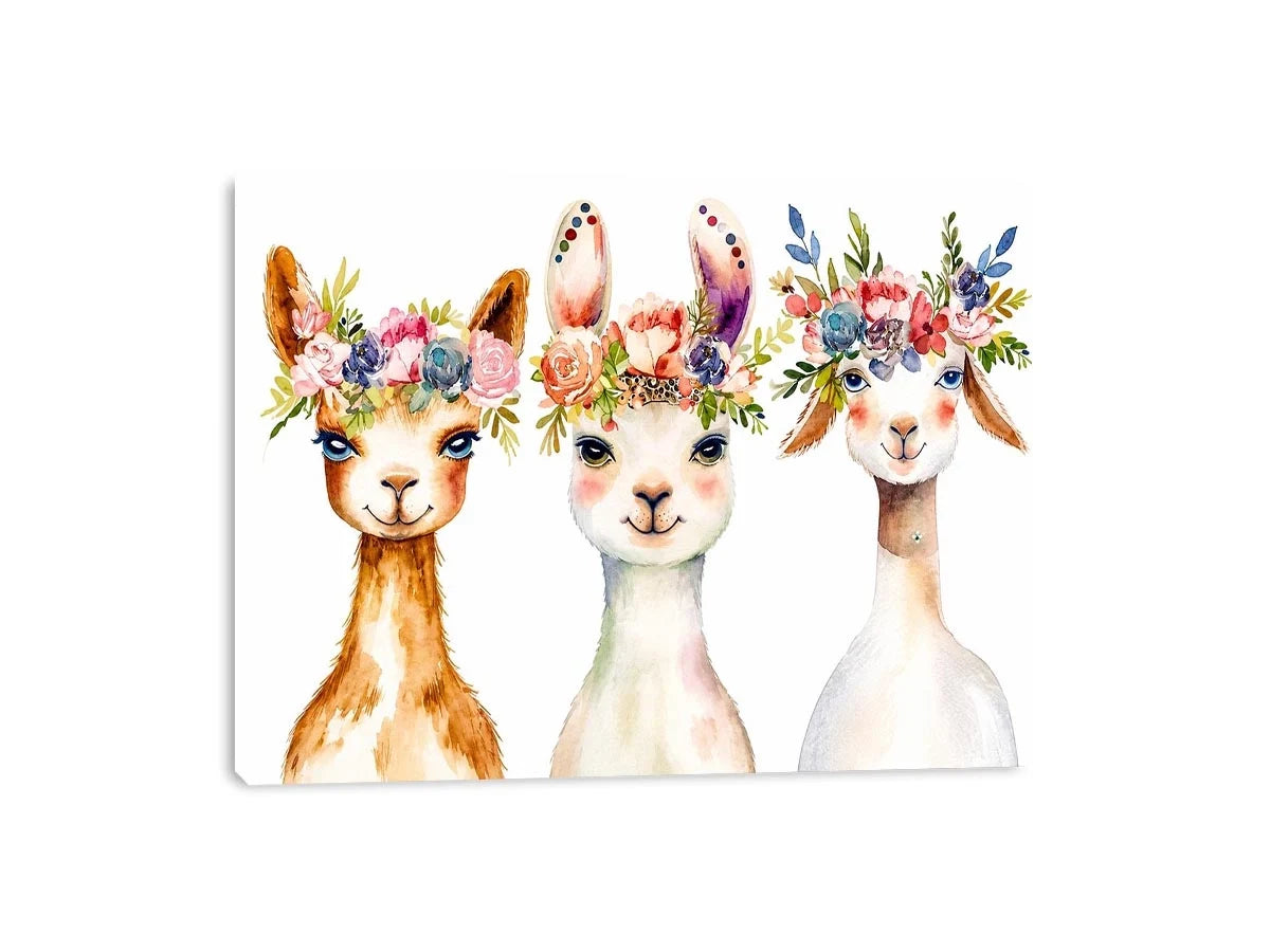 Watercolor llama floral canvas art for nursery and modern kids room decor.