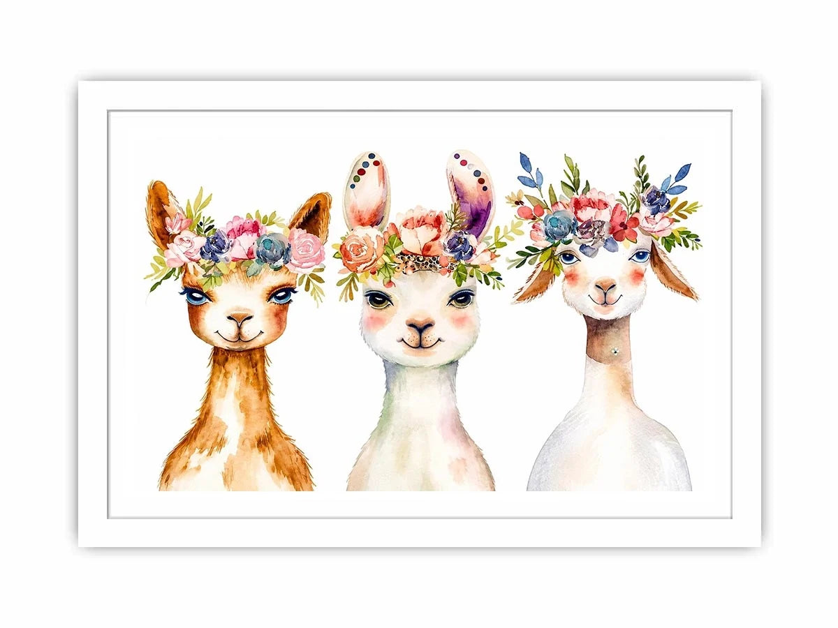 Watercolor llama floral canvas art for nursery and modern kids room decor.